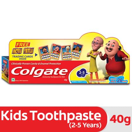Colgate Anticavity Toothpaste For Kids (2-5 Years), Bubble Fruit Flavour – 40g (with Free Motu Patlu Trading Cards)