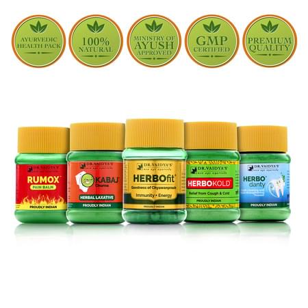 Dr. Vaidya's - Home Health Pack (herbofit -30 Capsules, Herbodanty - 50 Gms, Huff N Kuff Syrup - 100 Ml, Huff N Kuff Lozenges - 50 Pills, Kabaj Churna - 50 Gms, Herbokold -50 Gms And Rumox - 50 Gms) (essentials Pack)
